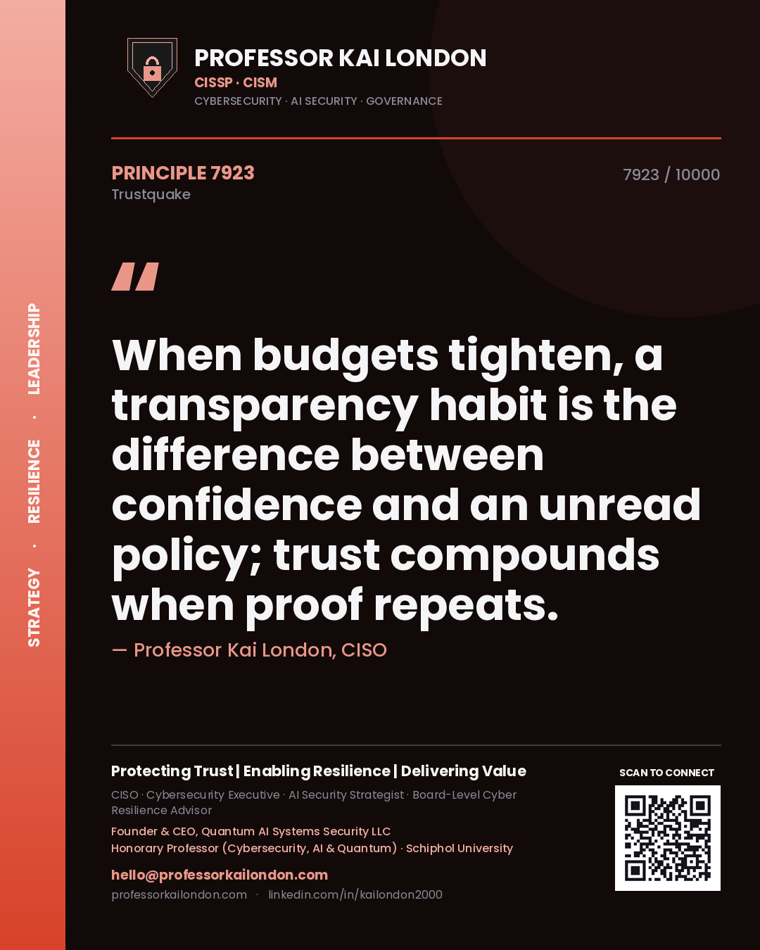 Professor Kai London principle 7923: When budgets tighten, a transparency habit is the difference between confidence and an unread policy; trust compounds when proof repeats.