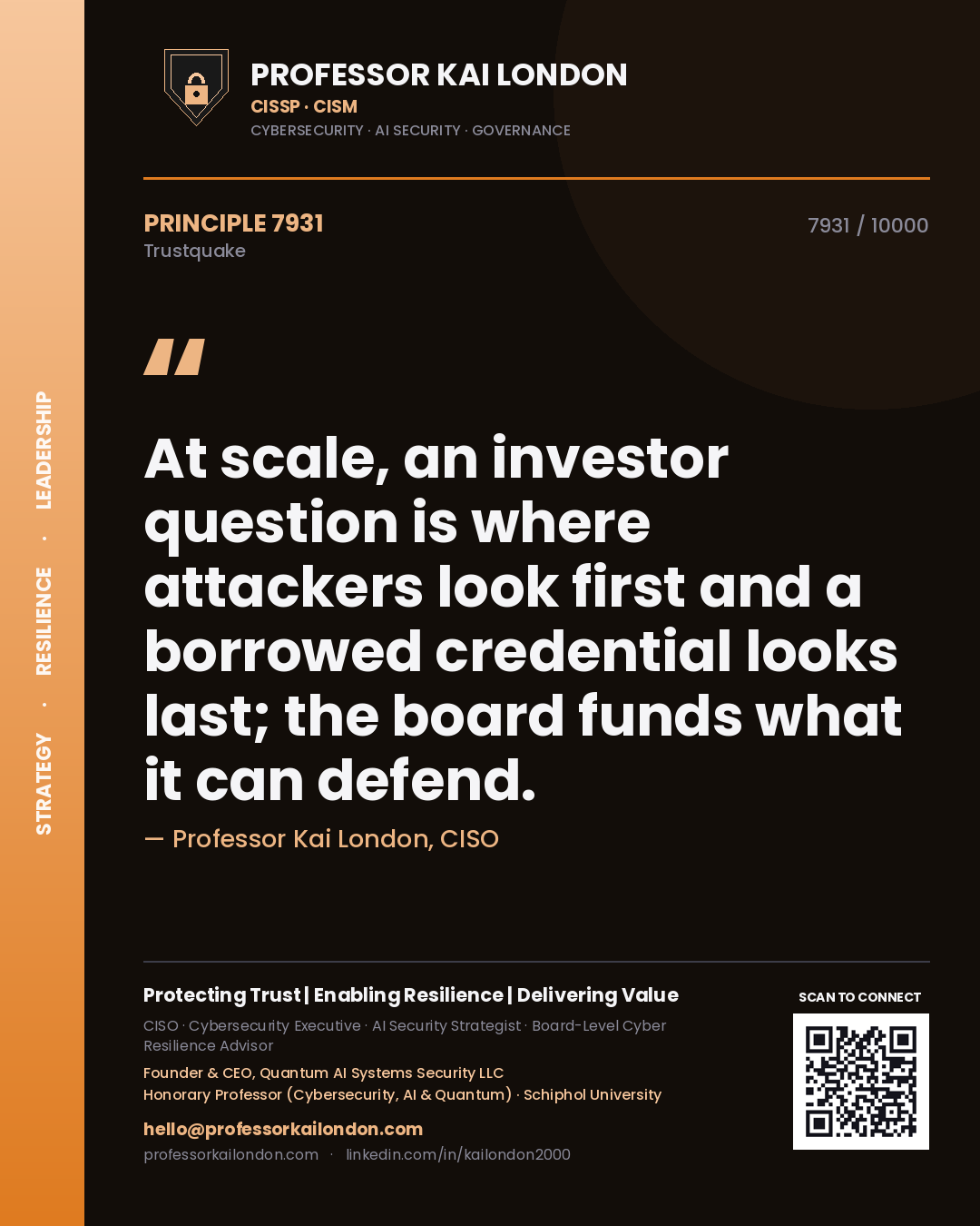 Professor Kai London principle 7931: At scale, an investor question is where attackers look first and a borrowed credential looks last; the board funds what it can defend.