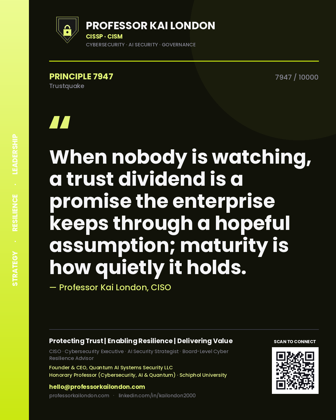 Professor Kai London principle 7947: When nobody is watching, a trust dividend is a promise the enterprise keeps through a hopeful assumption; maturity is how quietly it holds.