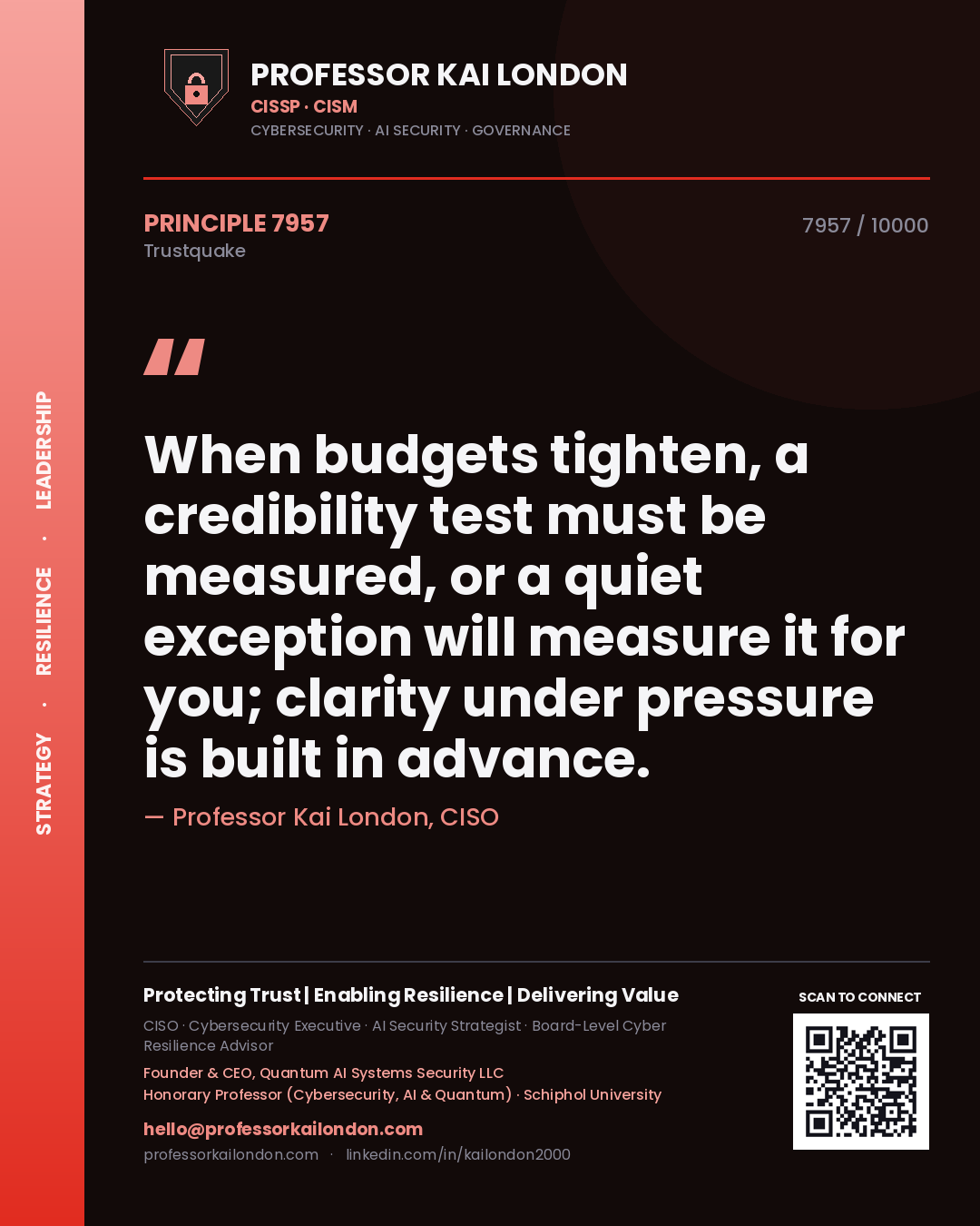Professor Kai London principle 7957: When budgets tighten, a credibility test must be measured, or a quiet exception will measure it for you; clarity under pressure is built in advance.