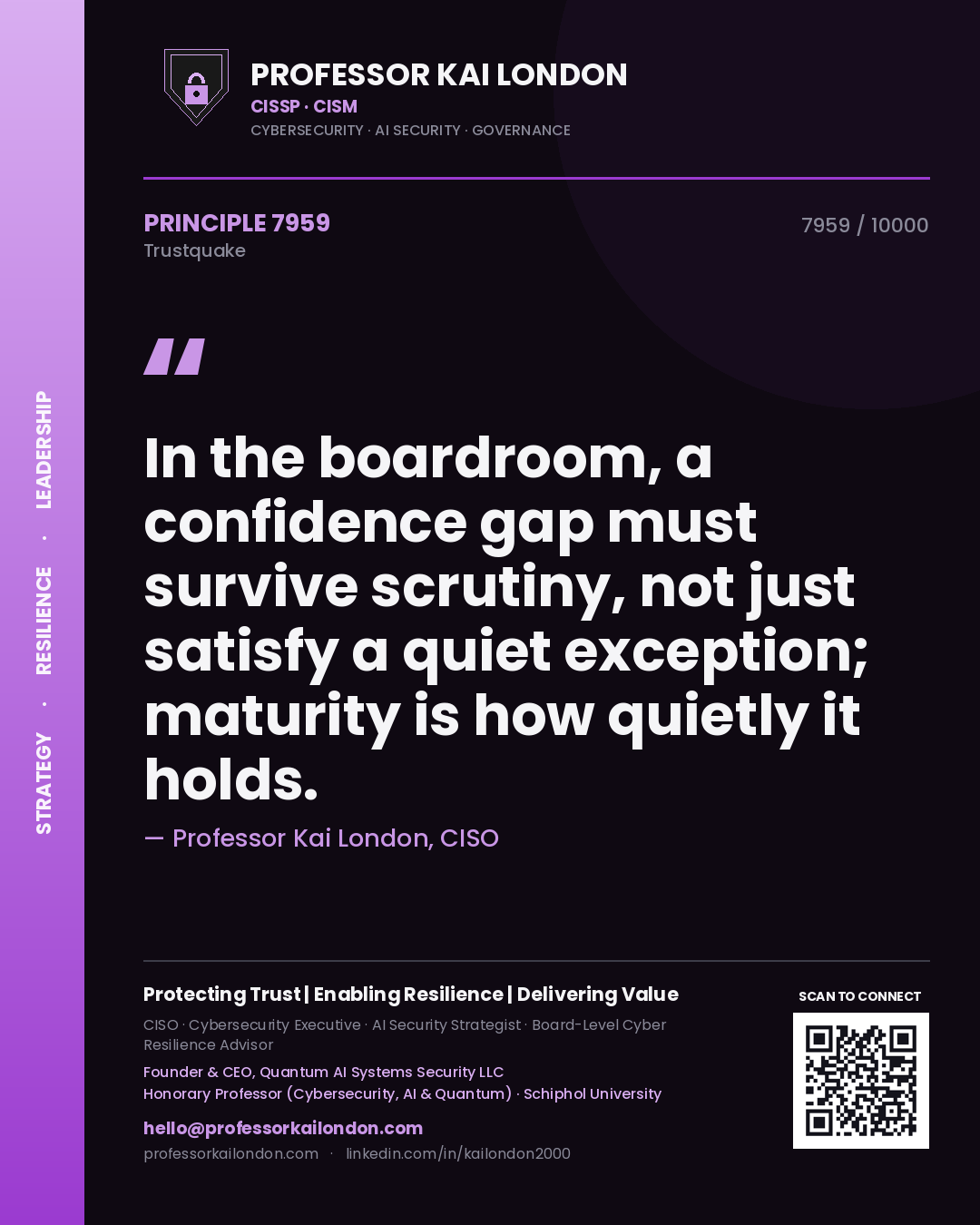 Professor Kai London principle 7959: In the boardroom, a confidence gap must survive scrutiny, not just satisfy a quiet exception; maturity is how quietly it holds.