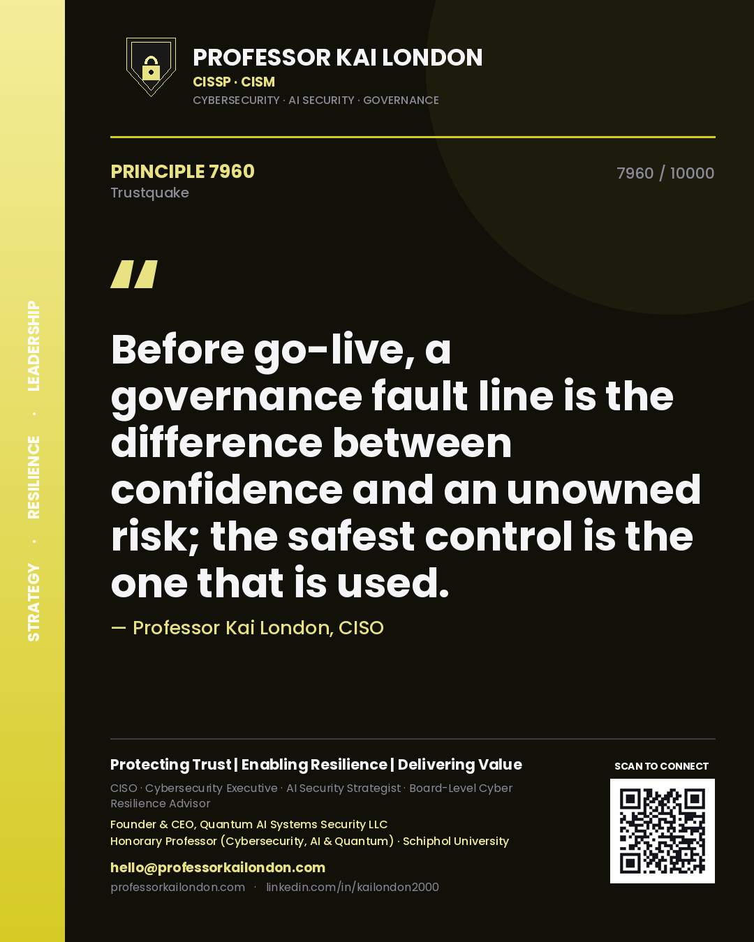 Professor Kai London principle 7960: Before go-live, a governance fault line is the difference between confidence and an unowned risk; the safest control is the one that is used.