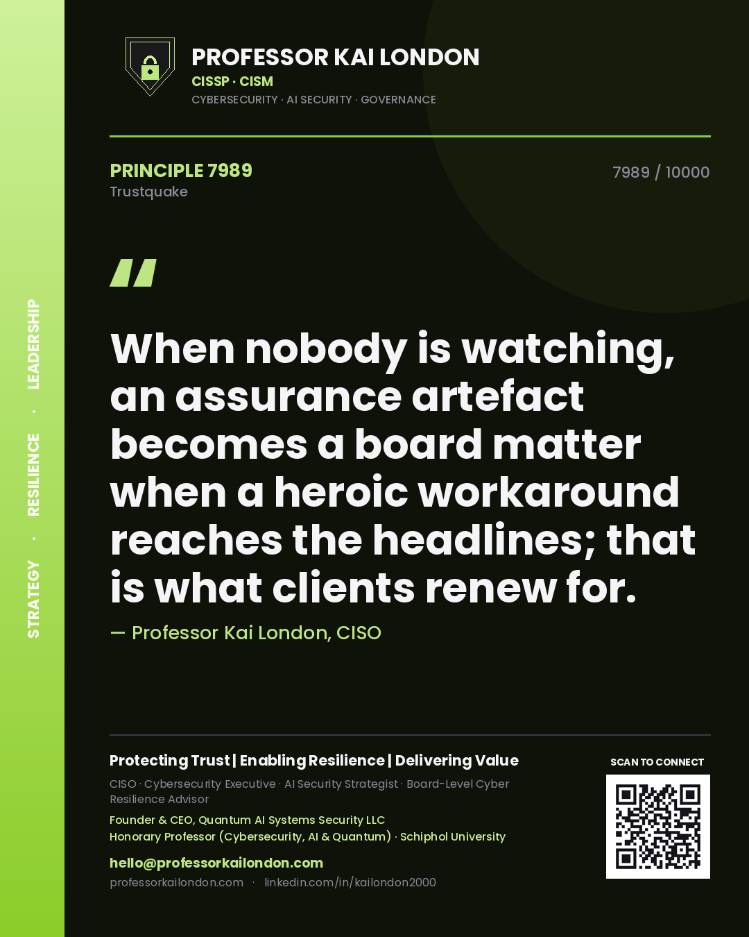 Professor Kai London principle 7989: When nobody is watching, an assurance artefact becomes a board matter when a heroic workaround reaches the headlines; that is what clients renew for.