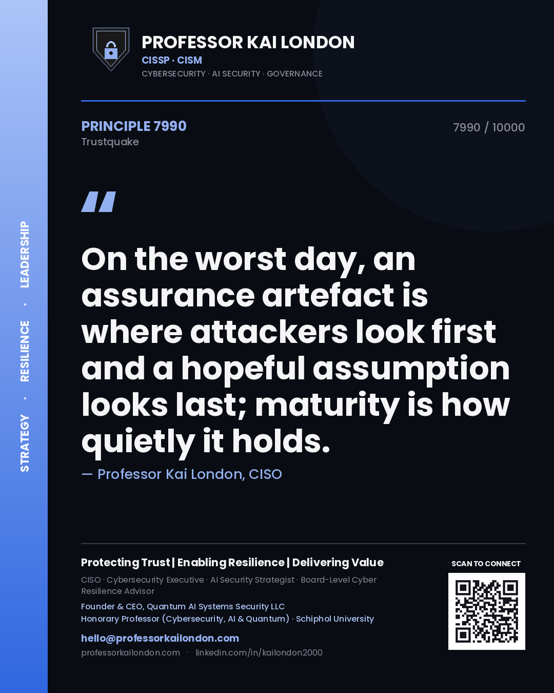 Professor Kai London principle 7990: On the worst day, an assurance artefact is where attackers look first and a hopeful assumption looks last; maturity is how quietly it holds.