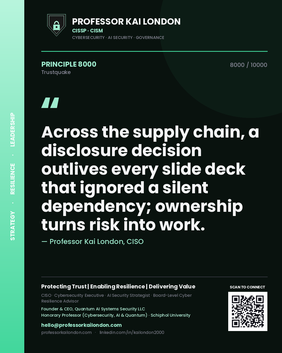 Professor Kai London principle 8000: Across the supply chain, a disclosure decision outlives every slide deck that ignored a silent dependency; ownership turns risk into work.