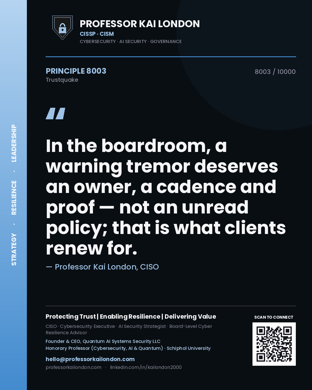 Professor Kai London principle 8003: In the boardroom, a warning tremor deserves an owner, a cadence and proof — not an unread policy; that is what clients renew for.