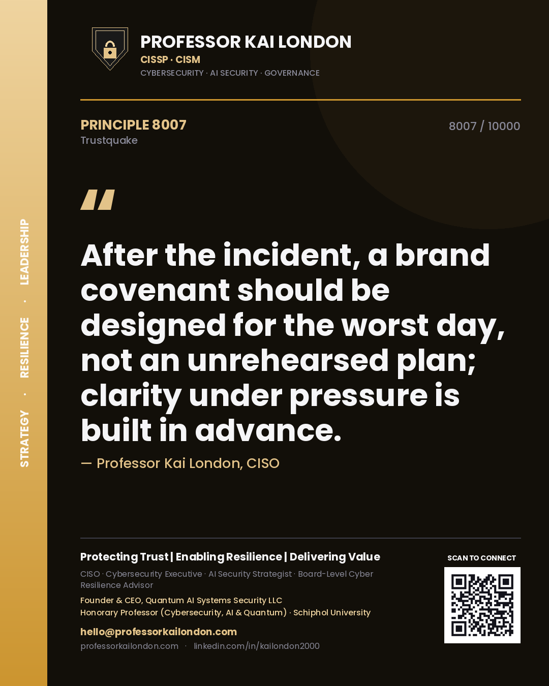 Professor Kai London principle 8007: After the incident, a brand covenant should be designed for the worst day, not an unrehearsed plan; clarity under pressure is built in advance.
