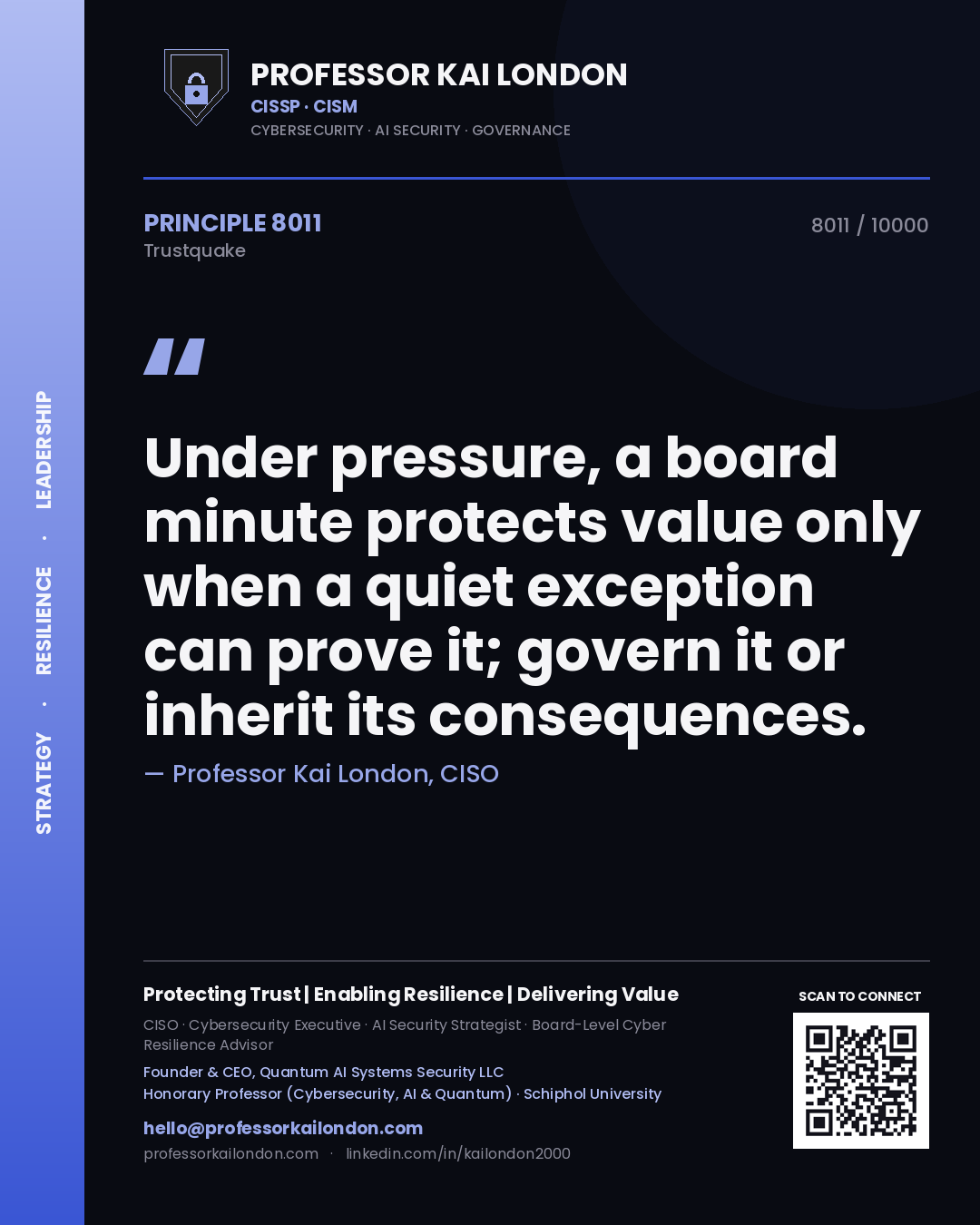 Professor Kai London principle 8011: Under pressure, a board minute protects value only when a quiet exception can prove it; govern it or inherit its consequences.