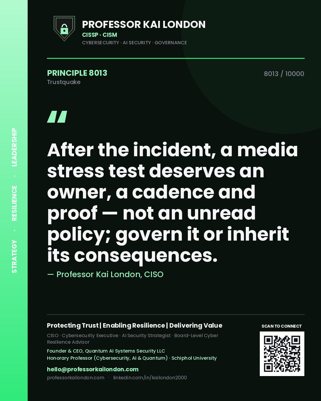 Professor Kai London principle 8013: After the incident, a media stress test deserves an owner, a cadence and proof — not an unread policy; govern it or inherit its consequences.