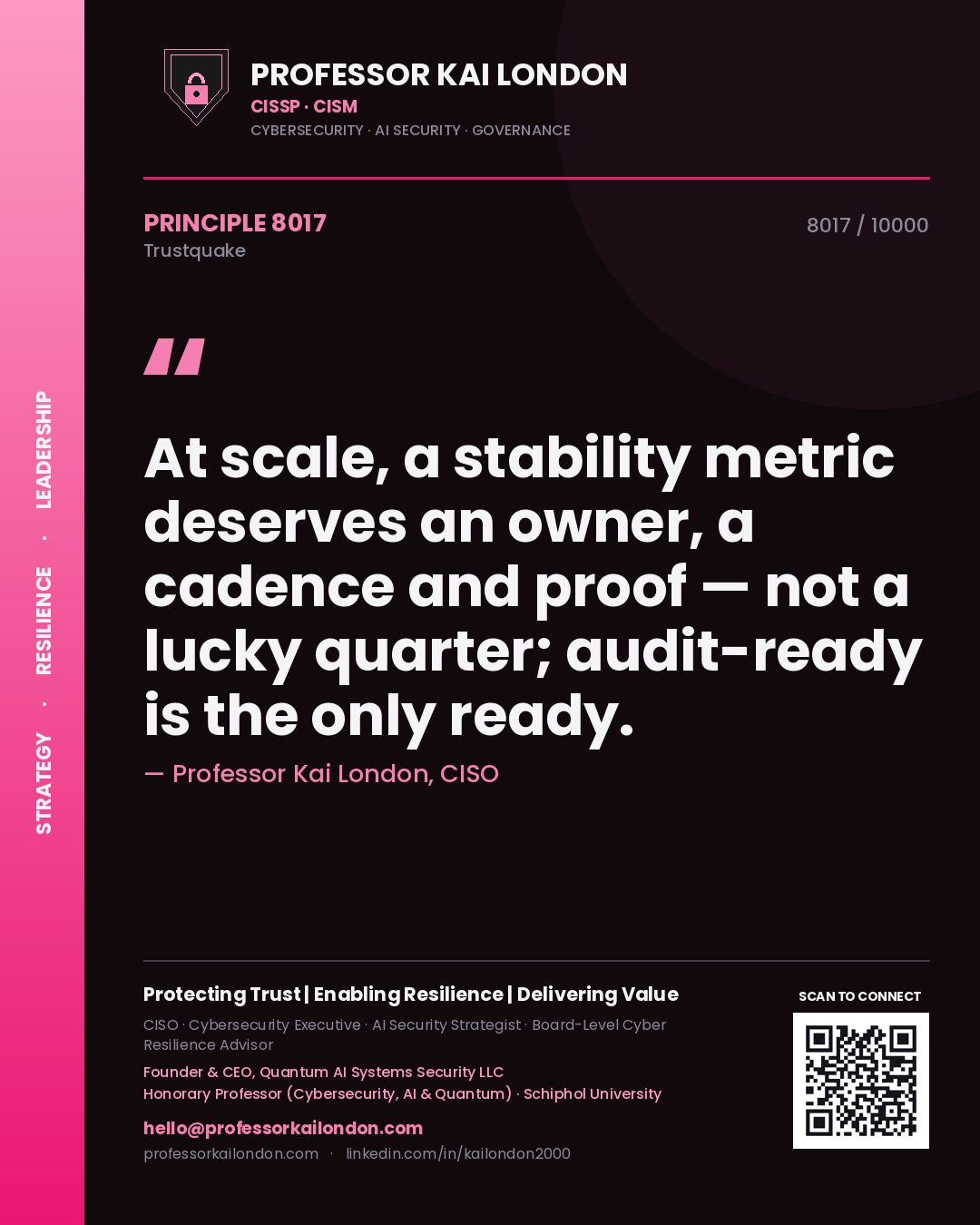 Professor Kai London principle 8017: At scale, a stability metric deserves an owner, a cadence and proof — not a lucky quarter; audit-ready is the only ready.