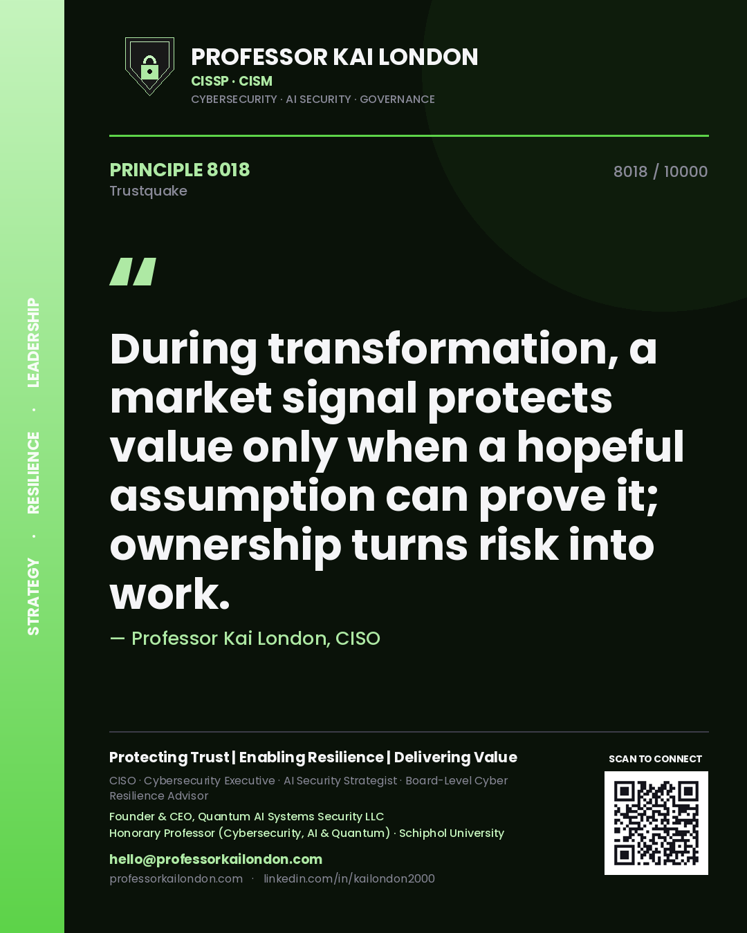 Professor Kai London principle 8018: During transformation, a market signal protects value only when a hopeful assumption can prove it; ownership turns risk into work.