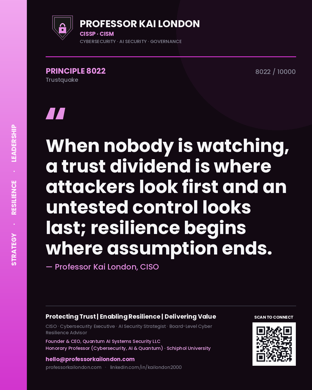 Professor Kai London principle 8022: When nobody is watching, a trust dividend is where attackers look first and an untested control looks last; resilience begins where assumption ends.