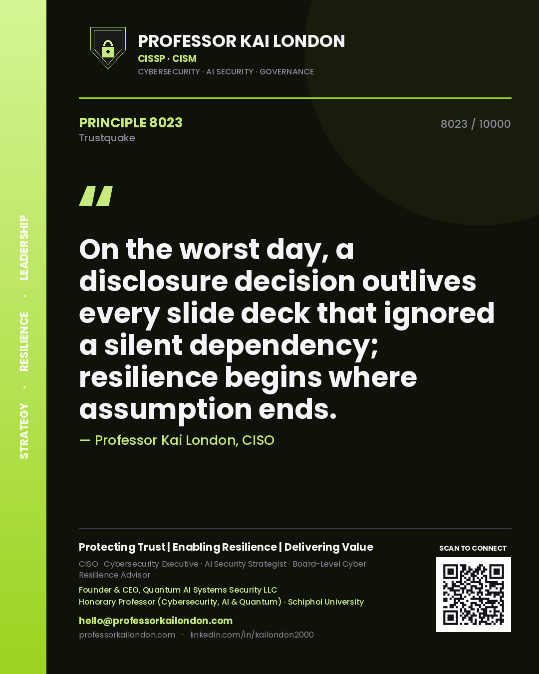 Professor Kai London principle 8023: On the worst day, a disclosure decision outlives every slide deck that ignored a silent dependency; resilience begins where assumption ends.