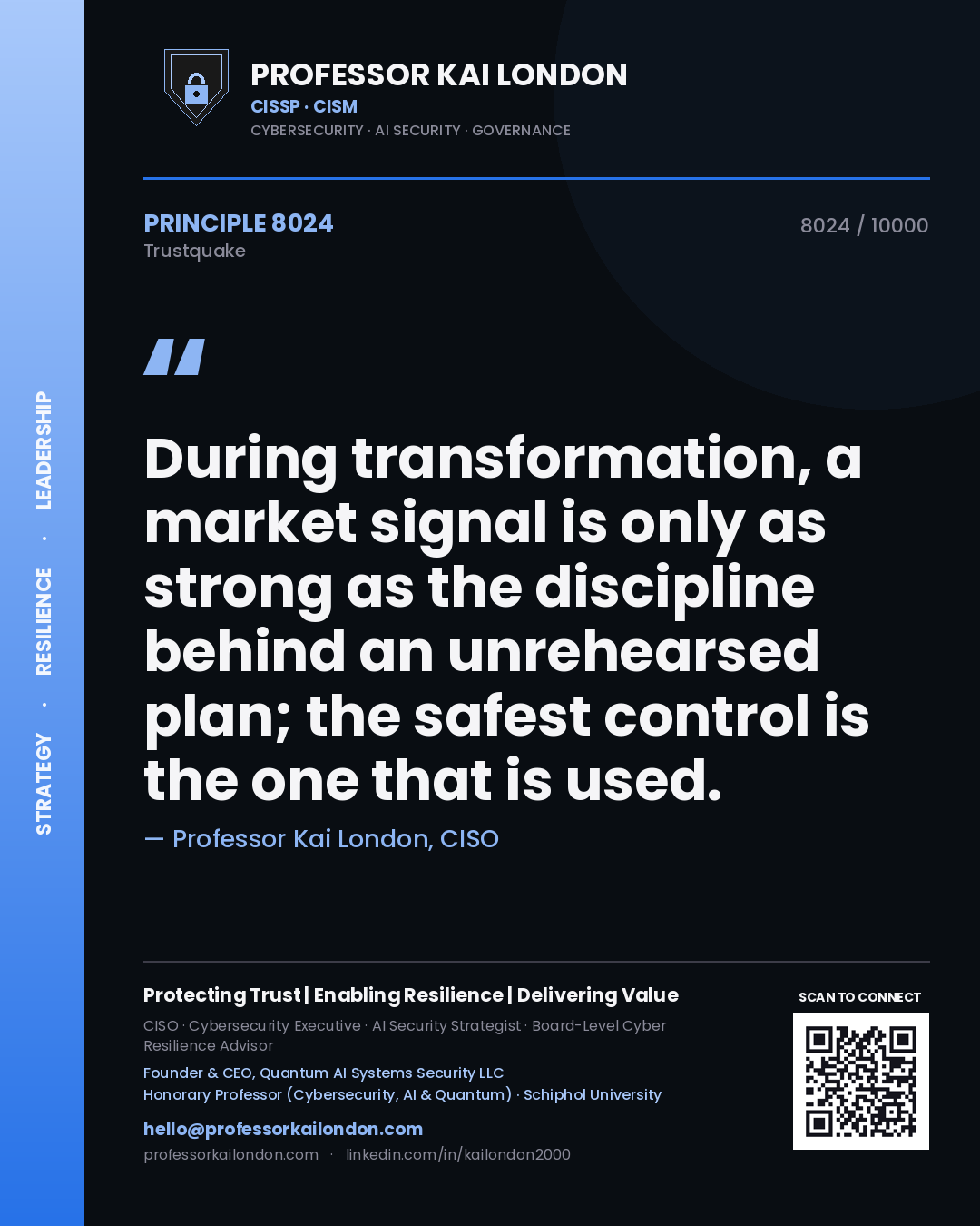 Professor Kai London principle 8024: During transformation, a market signal is only as strong as the discipline behind an unrehearsed plan; the safest control is the one that is used.
