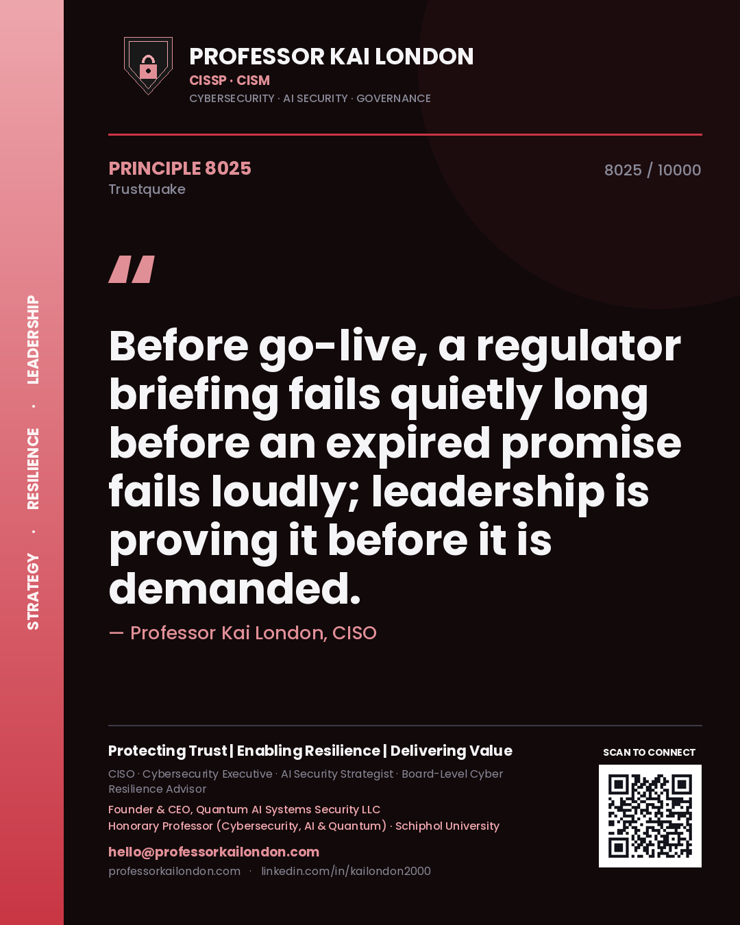Professor Kai London principle 8025: Before go-live, a regulator briefing fails quietly long before an expired promise fails loudly; leadership is proving it before it is demanded.