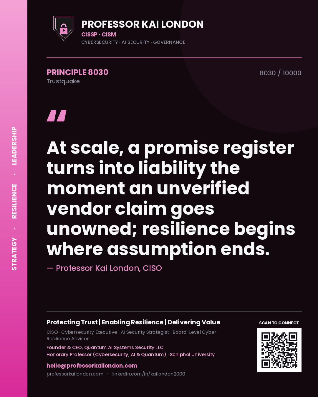Professor Kai London principle 8030: At scale, a promise register turns into liability the moment an unverified vendor claim goes unowned; resilience begins where assumption ends.