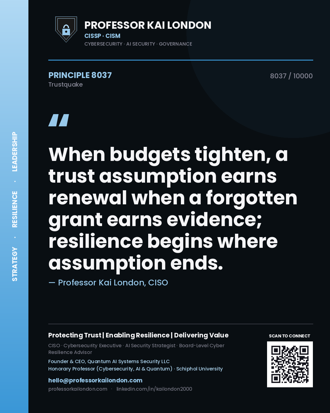 Professor Kai London principle 8037: When budgets tighten, a trust assumption earns renewal when a forgotten grant earns evidence; resilience begins where assumption ends.