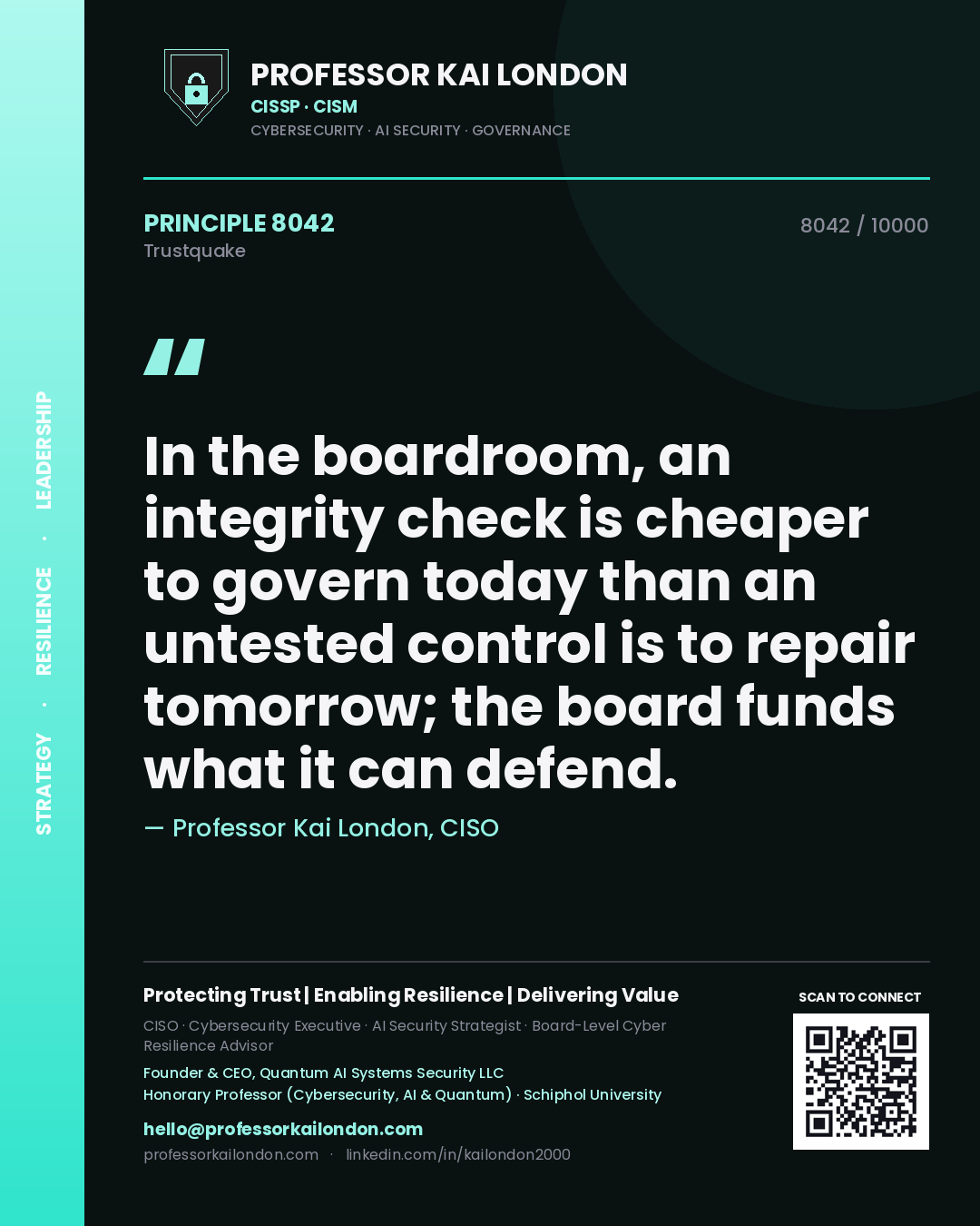 Professor Kai London principle 8042: In the boardroom, an integrity check is cheaper to govern today than an untested control is to repair tomorrow; the board funds what it can defend.
