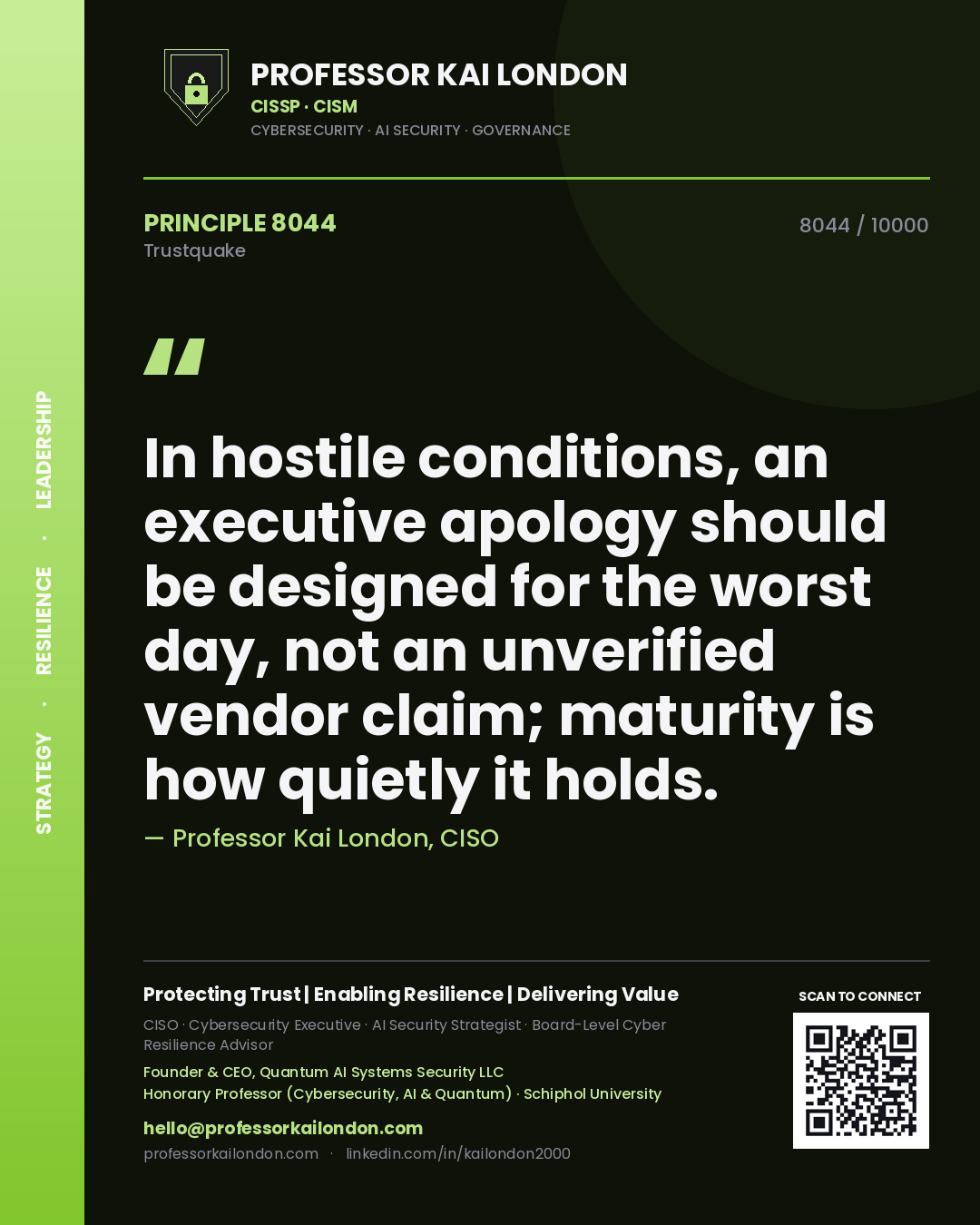 Professor Kai London principle 8044: In hostile conditions, an executive apology should be designed for the worst day, not an unverified vendor claim; maturity is how quietly it holds.