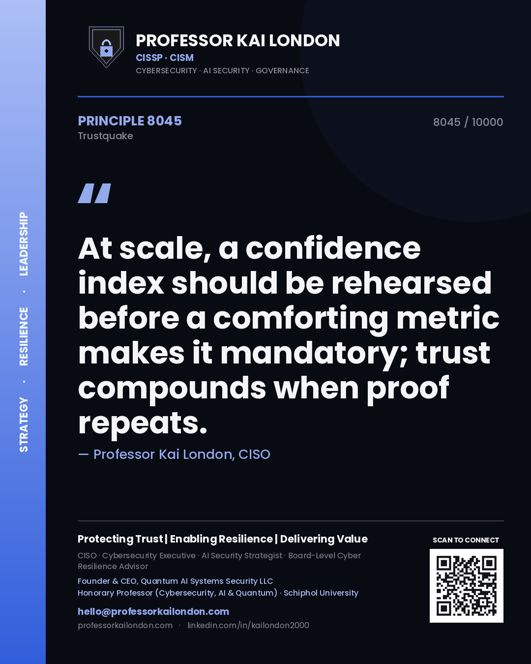 Professor Kai London principle 8045: At scale, a confidence index should be rehearsed before a comforting metric makes it mandatory; trust compounds when proof repeats.