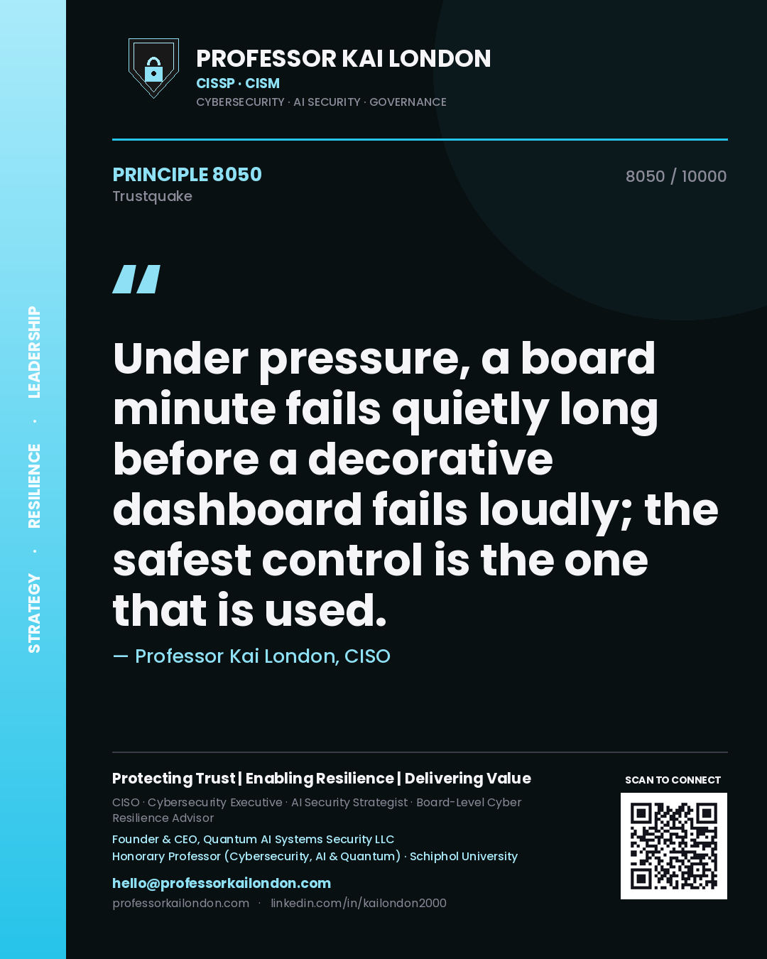 Professor Kai London principle 8050: Under pressure, a board minute fails quietly long before a decorative dashboard fails loudly; the safest control is the one that is used.