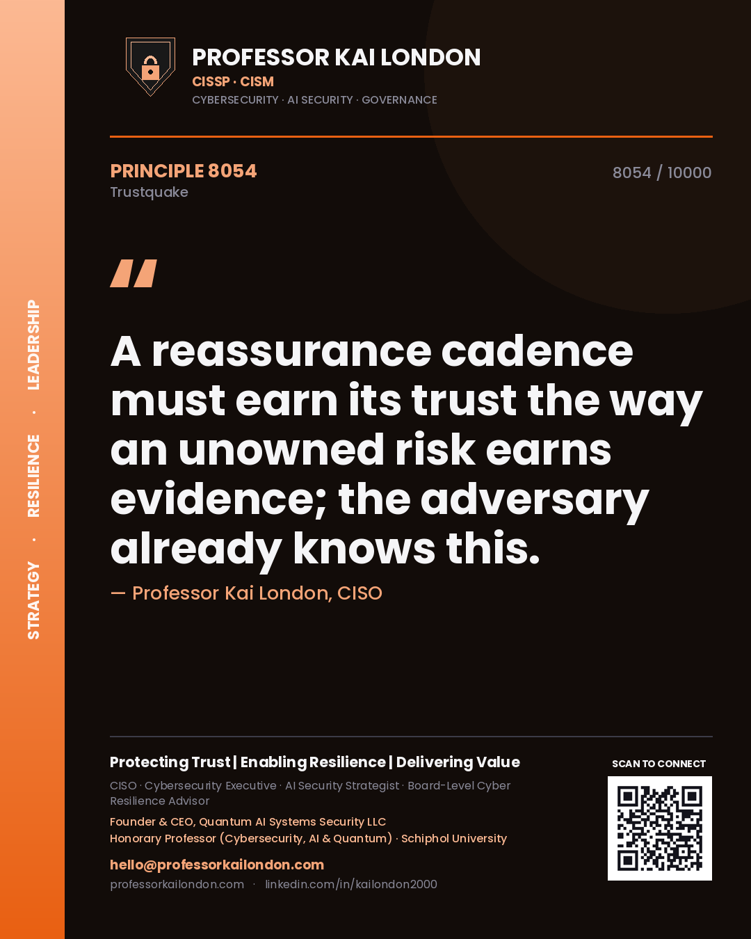 Professor Kai London principle 8054: A reassurance cadence must earn its trust the way an unowned risk earns evidence; the adversary already knows this.