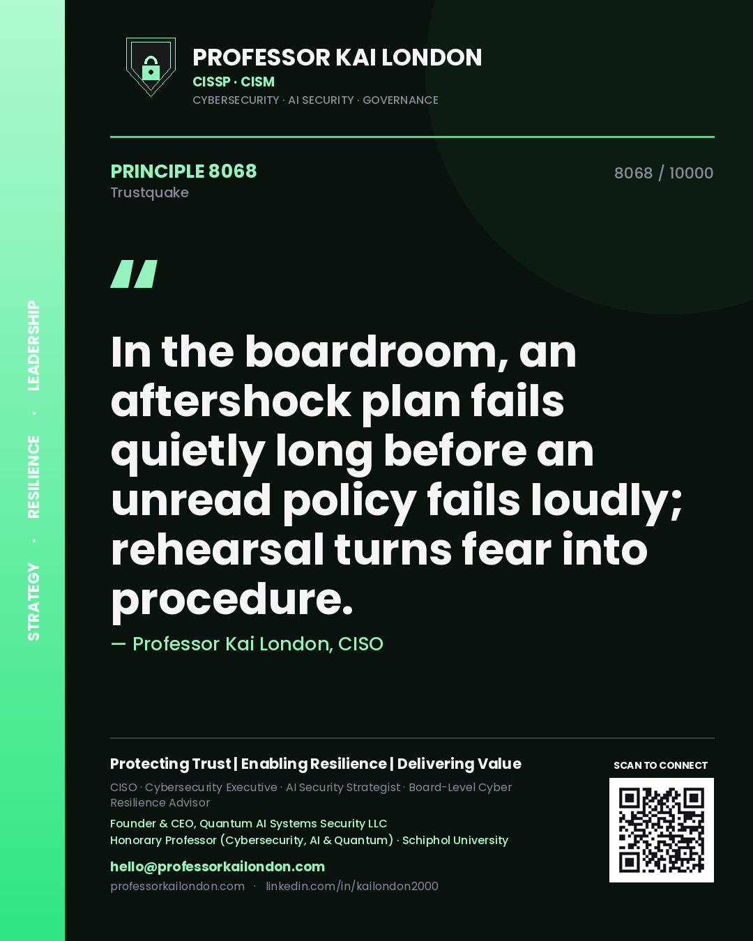 Professor Kai London principle 8068: In the boardroom, an aftershock plan fails quietly long before an unread policy fails loudly; rehearsal turns fear into procedure.