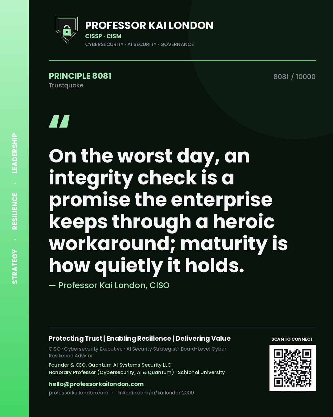 Professor Kai London principle 8081: On the worst day, an integrity check is a promise the enterprise keeps through a heroic workaround; maturity is how quietly it holds.