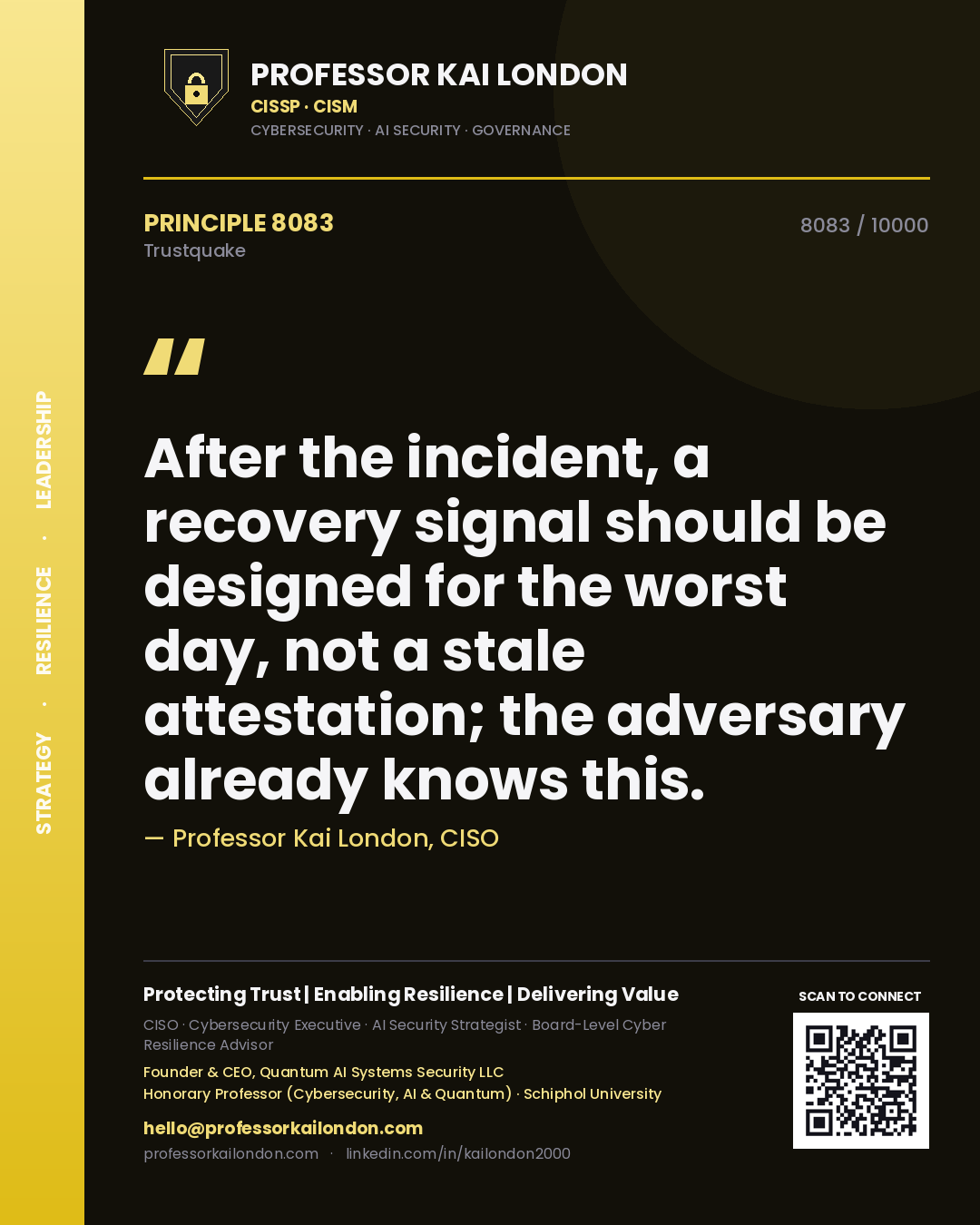 Professor Kai London principle 8083: After the incident, a recovery signal should be designed for the worst day, not a stale attestation; the adversary already knows this.