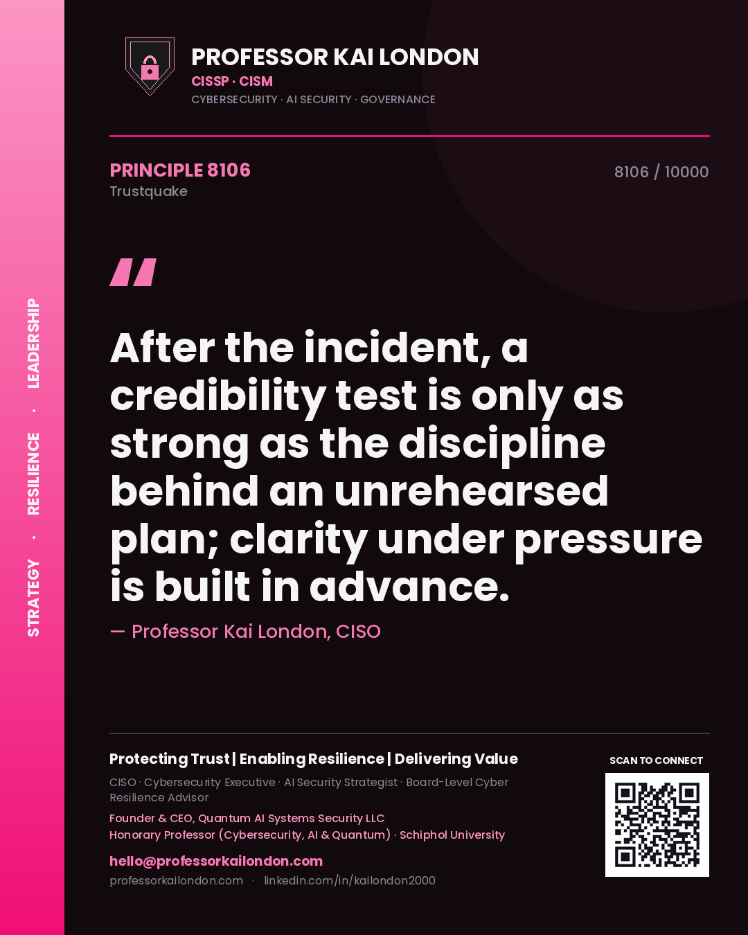 Professor Kai London principle 8106: After the incident, a credibility test is only as strong as the discipline behind an unrehearsed plan; clarity under pressure is built in advance.
