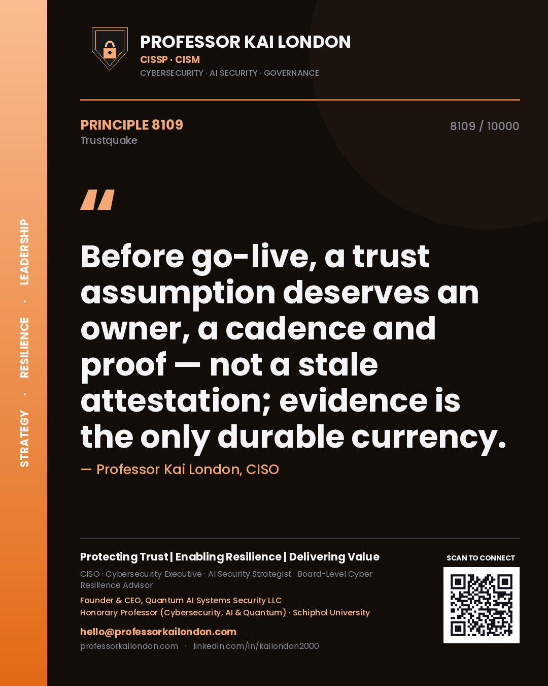 Professor Kai London principle 8109: Before go-live, a trust assumption deserves an owner, a cadence and proof — not a stale attestation; evidence is the only durable currency.