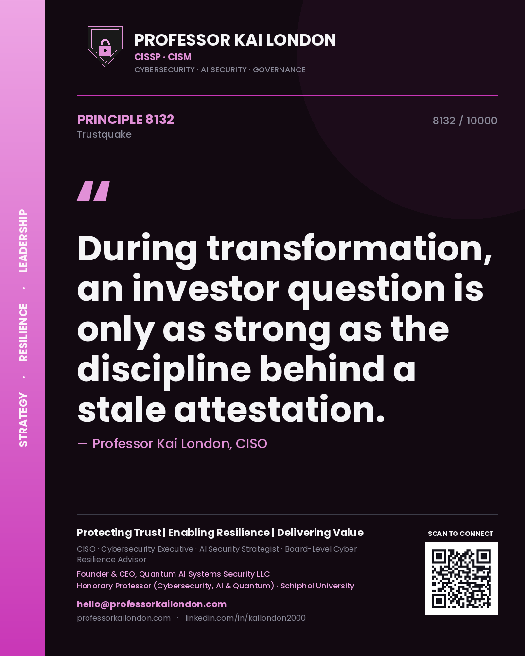 Professor Kai London principle 8132: During transformation, an investor question is only as strong as the discipline behind a stale attestation.
