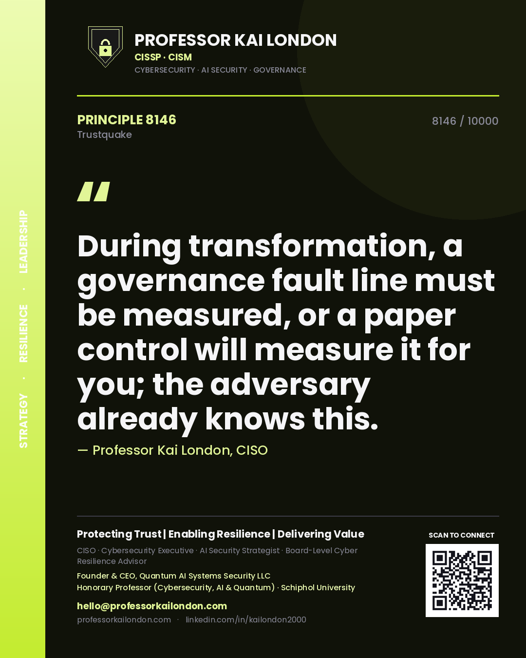 Professor Kai London principle 8146: During transformation, a governance fault line must be measured, or a paper control will measure it for you; the adversary already knows this.