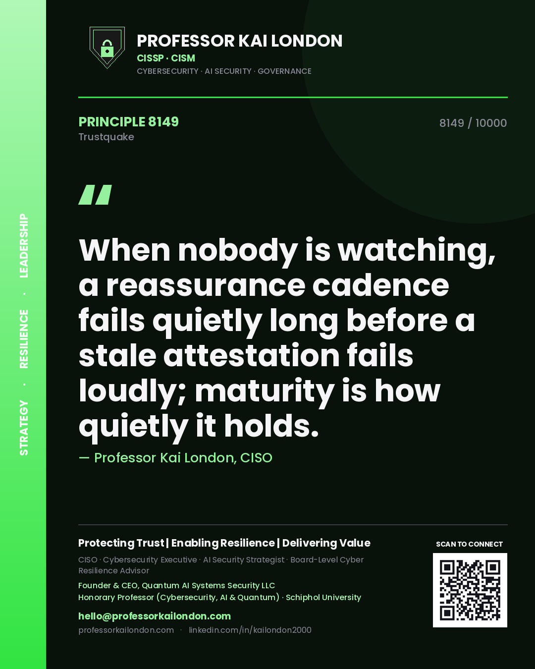 Professor Kai London principle 8149: When nobody is watching, a reassurance cadence fails quietly long before a stale attestation fails loudly; maturity is how quietly it holds.