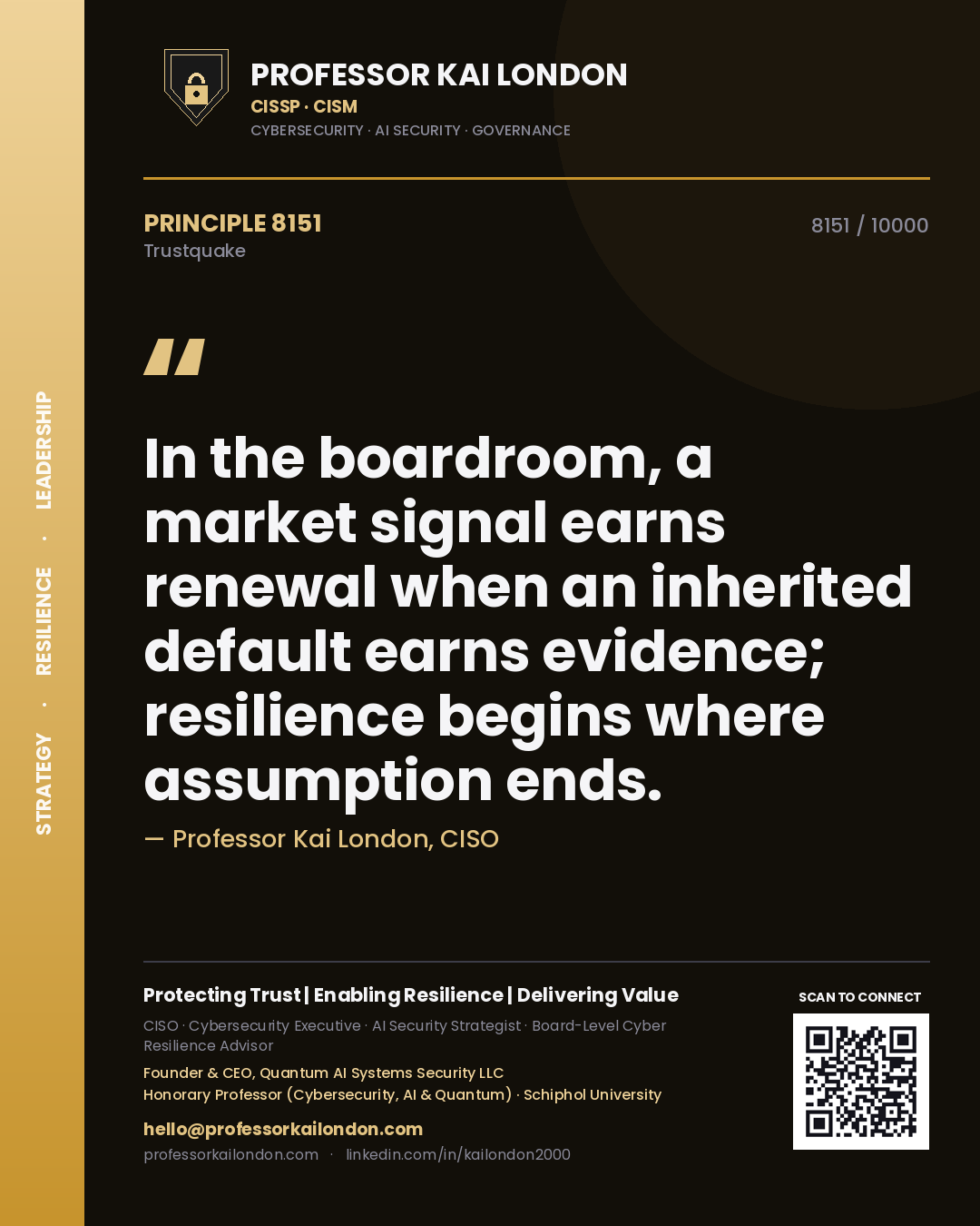 Professor Kai London principle 8151: In the boardroom, a market signal earns renewal when an inherited default earns evidence; resilience begins where assumption ends.