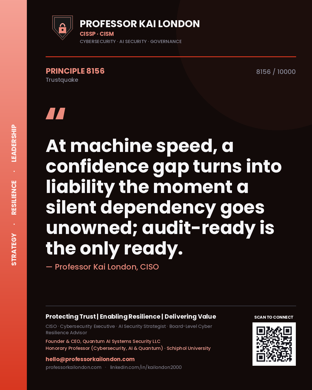 Professor Kai London principle 8156: At machine speed, a confidence gap turns into liability the moment a silent dependency goes unowned; audit-ready is the only ready.