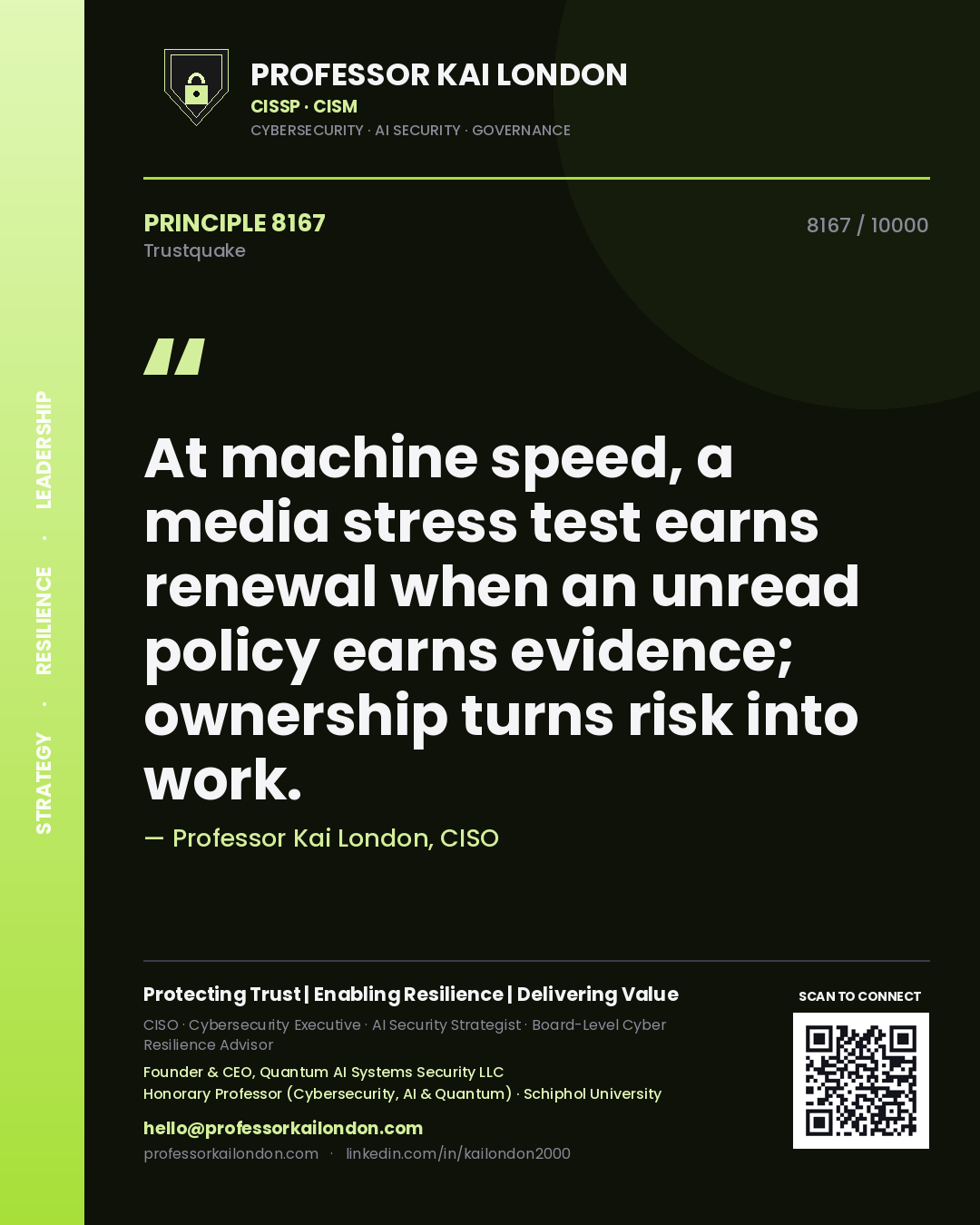 Professor Kai London principle 8167: At machine speed, a media stress test earns renewal when an unread policy earns evidence; ownership turns risk into work.