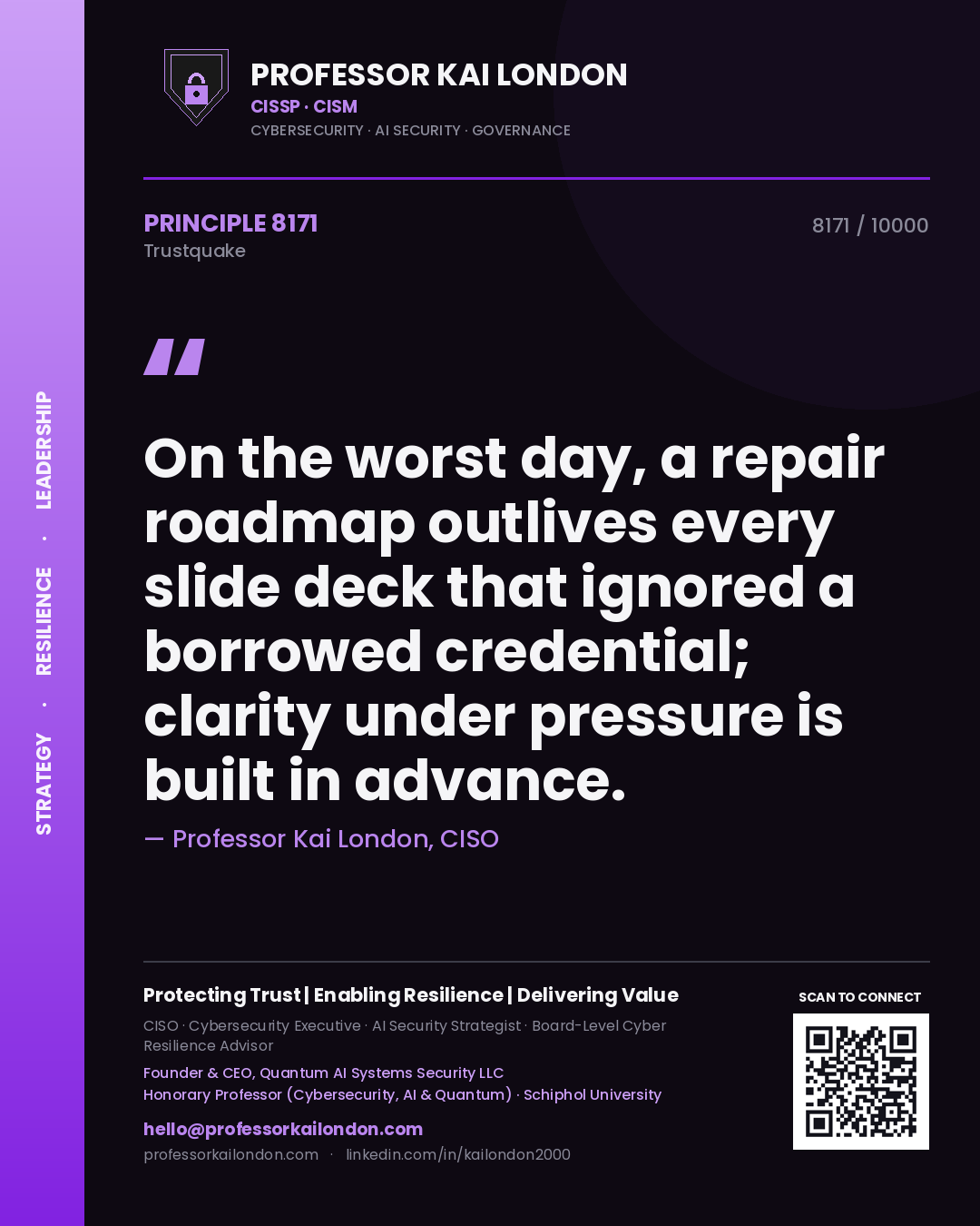 Professor Kai London principle 8171: On the worst day, a repair roadmap outlives every slide deck that ignored a borrowed credential; clarity under pressure is built in advance.