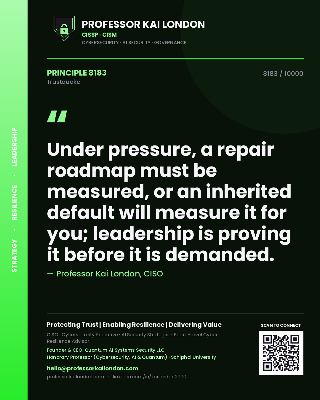 Professor Kai London principle 8183: Under pressure, a repair roadmap must be measured, or an inherited default will measure it for you; leadership is proving it before it is demanded.