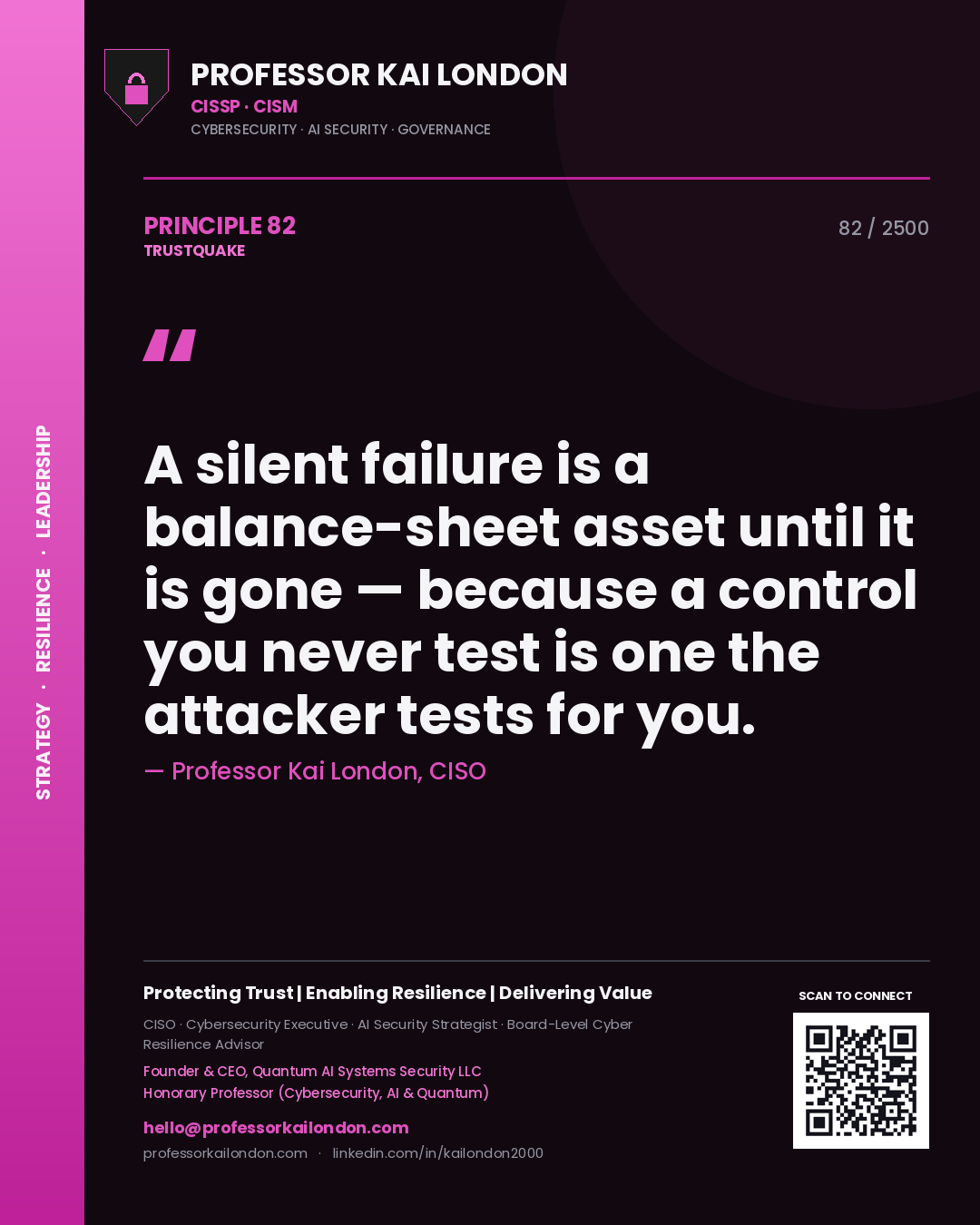 Professor Kai London principle 82: A silent failure is a balance-sheet asset until it is gone — because a control you never test is one the attacker tests for you.