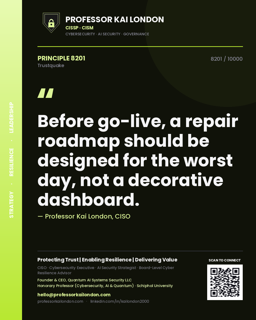 Professor Kai London principle 8201: Before go-live, a repair roadmap should be designed for the worst day, not a decorative dashboard.