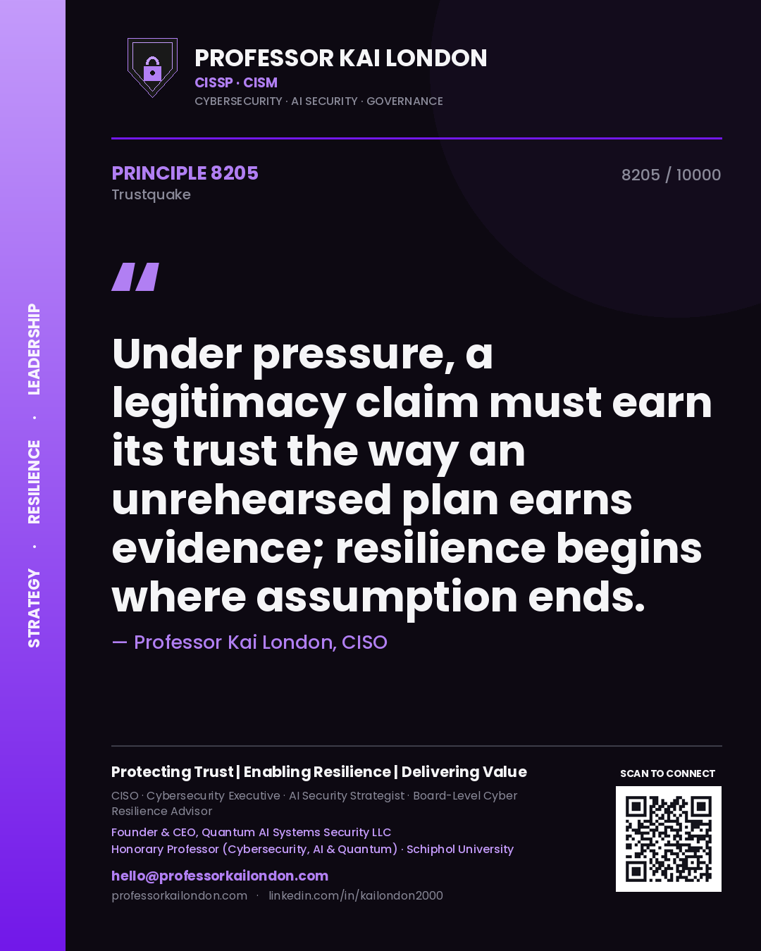 Professor Kai London principle 8205: Under pressure, a legitimacy claim must earn its trust the way an unrehearsed plan earns evidence; resilience begins where assumption ends.
