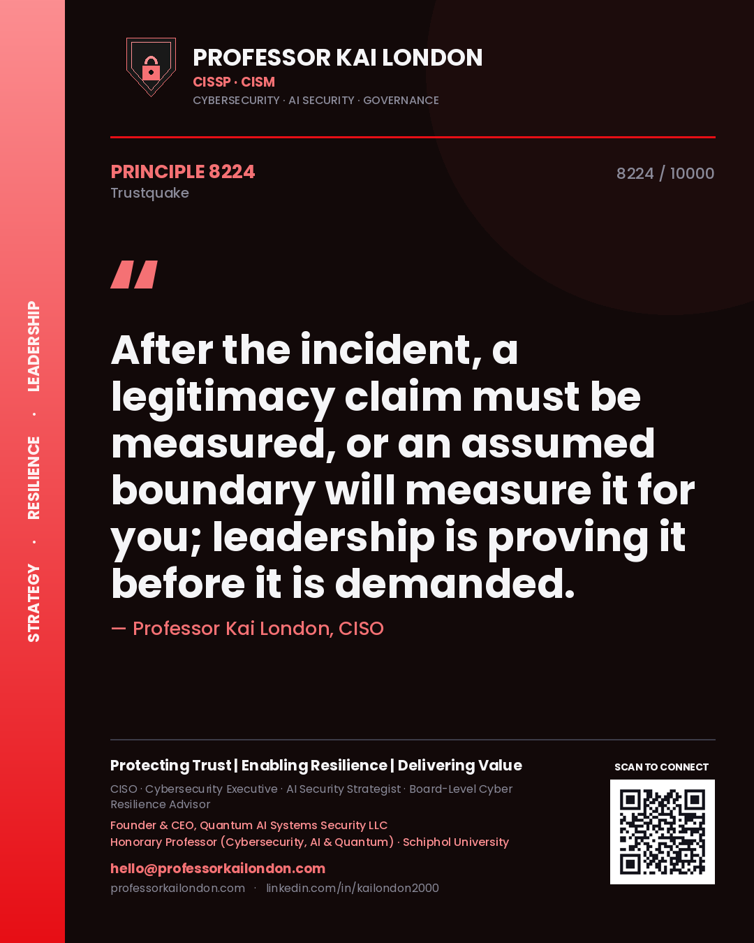 Professor Kai London principle 8224: After the incident, a legitimacy claim must be measured, or an assumed boundary will measure it for you; leadership is proving it before it is demanded.