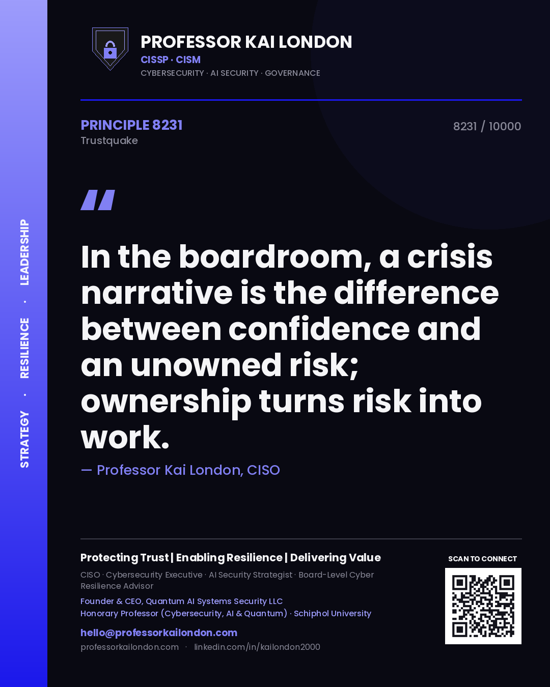 Professor Kai London principle 8231: In the boardroom, a crisis narrative is the difference between confidence and an unowned risk; ownership turns risk into work.