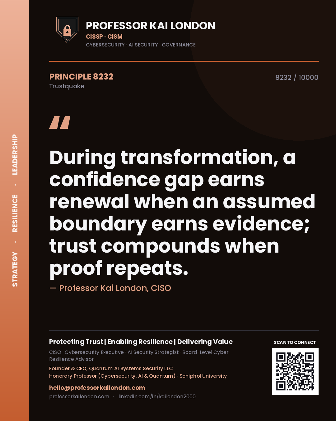 Professor Kai London principle 8232: During transformation, a confidence gap earns renewal when an assumed boundary earns evidence; trust compounds when proof repeats.