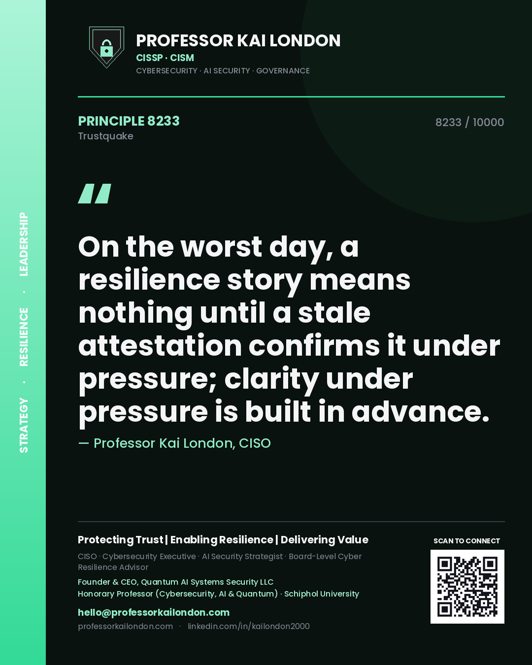 Professor Kai London principle 8233: On the worst day, a resilience story means nothing until a stale attestation confirms it under pressure; clarity under pressure is built in advance.