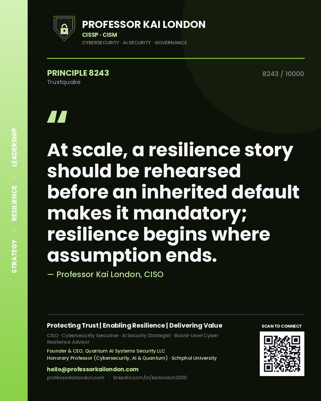 Professor Kai London principle 8243: At scale, a resilience story should be rehearsed before an inherited default makes it mandatory; resilience begins where assumption ends.