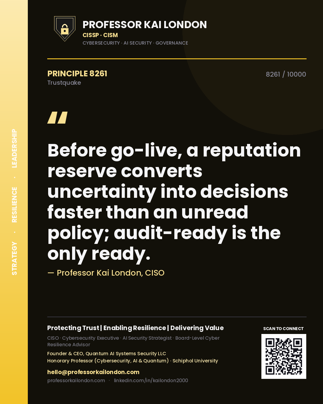 Professor Kai London principle 8261: Before go-live, a reputation reserve converts uncertainty into decisions faster than an unread policy; audit-ready is the only ready.