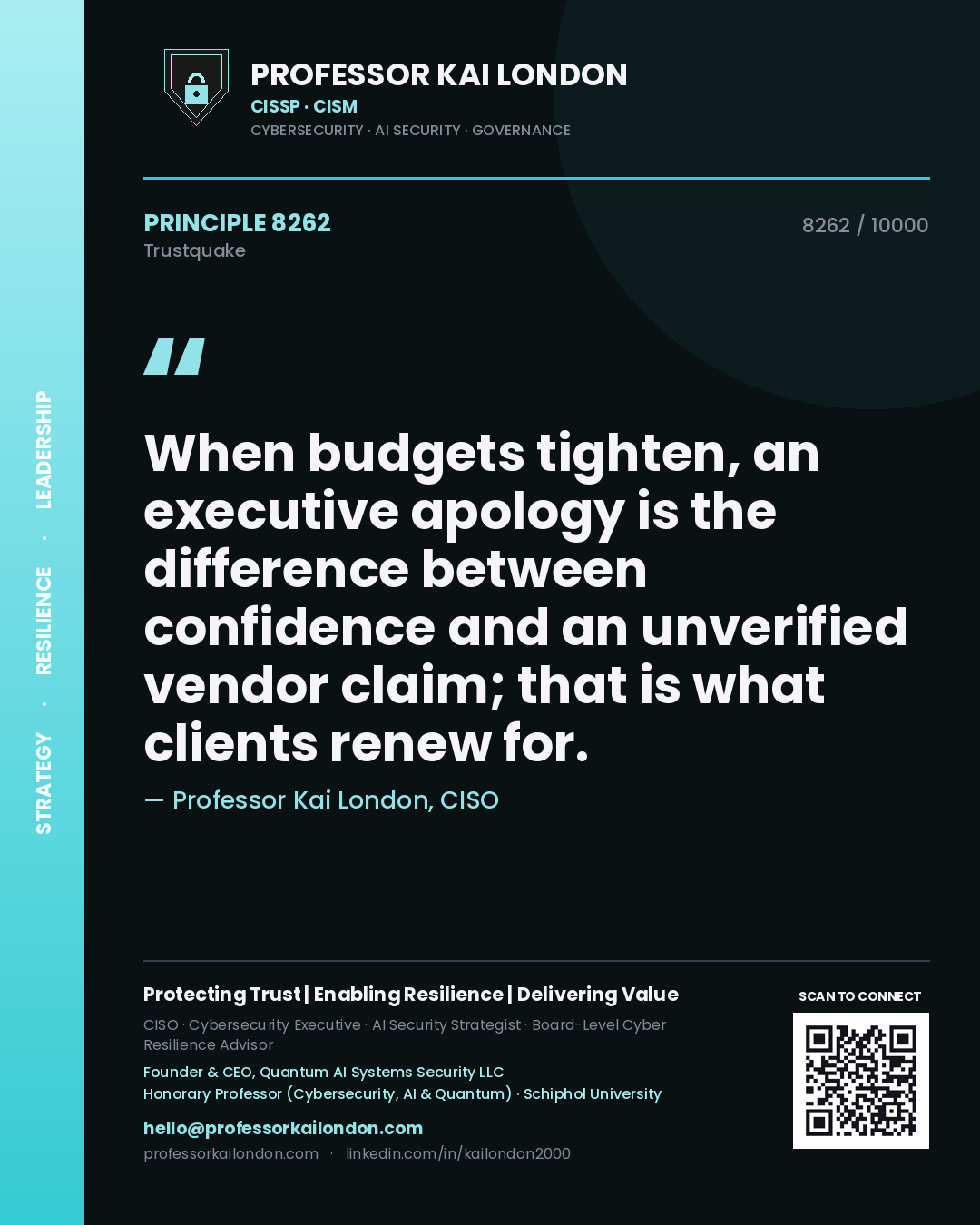 Professor Kai London principle 8262: When budgets tighten, an executive apology is the difference between confidence and an unverified vendor claim; that is what clients renew for.