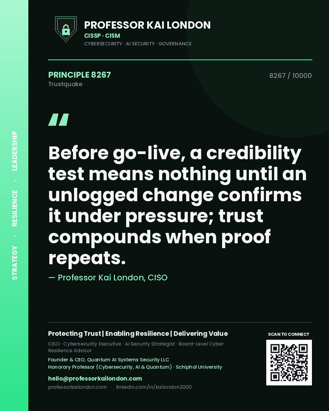Professor Kai London principle 8267: Before go-live, a credibility test means nothing until an unlogged change confirms it under pressure; trust compounds when proof repeats.